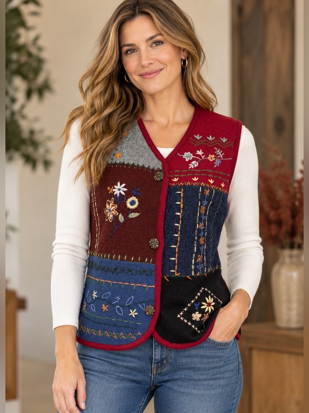 Coldwater Creek sz M 100% wool floral embroidered vest
